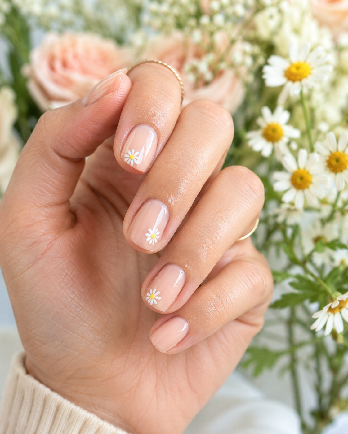 Kurze Nägel mit zarten Gänseblümchen